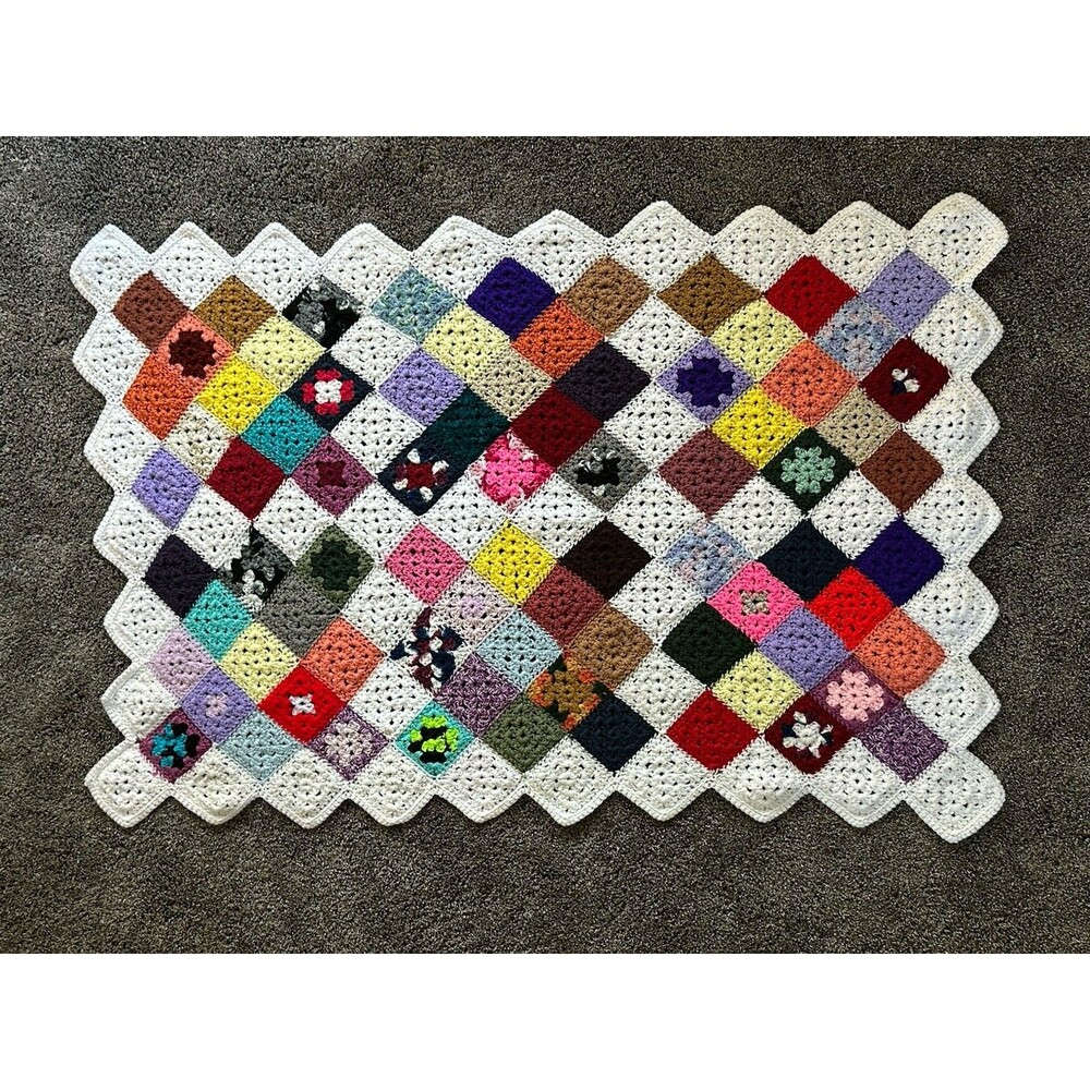 Colorful White Handmade Granny Square Crocheted Scalloped Lap Blanket 53X37.5